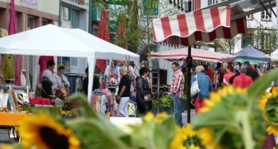 Blumenmarkt in der Innenstadt in Ottweiler mit Ständen und Passanten